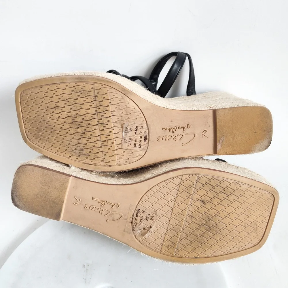 Sam Edelman Sandals Size 7.5‎ Wedge Espadrille Black Strappy Platform Square Toe